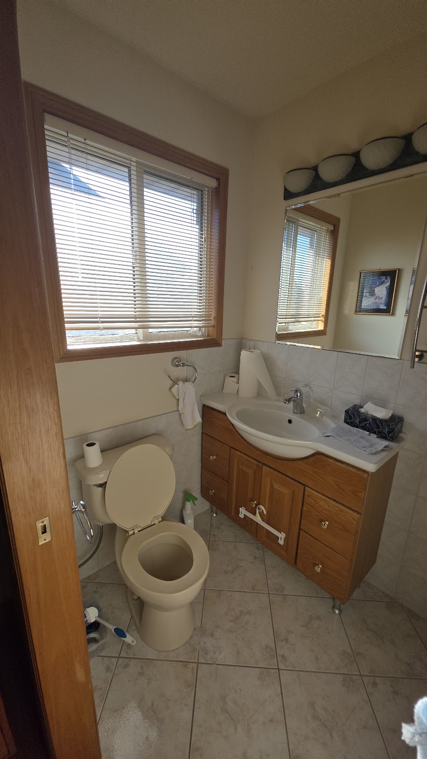 Second bathroom — toilet and vanity, tiled walls, natural light from window